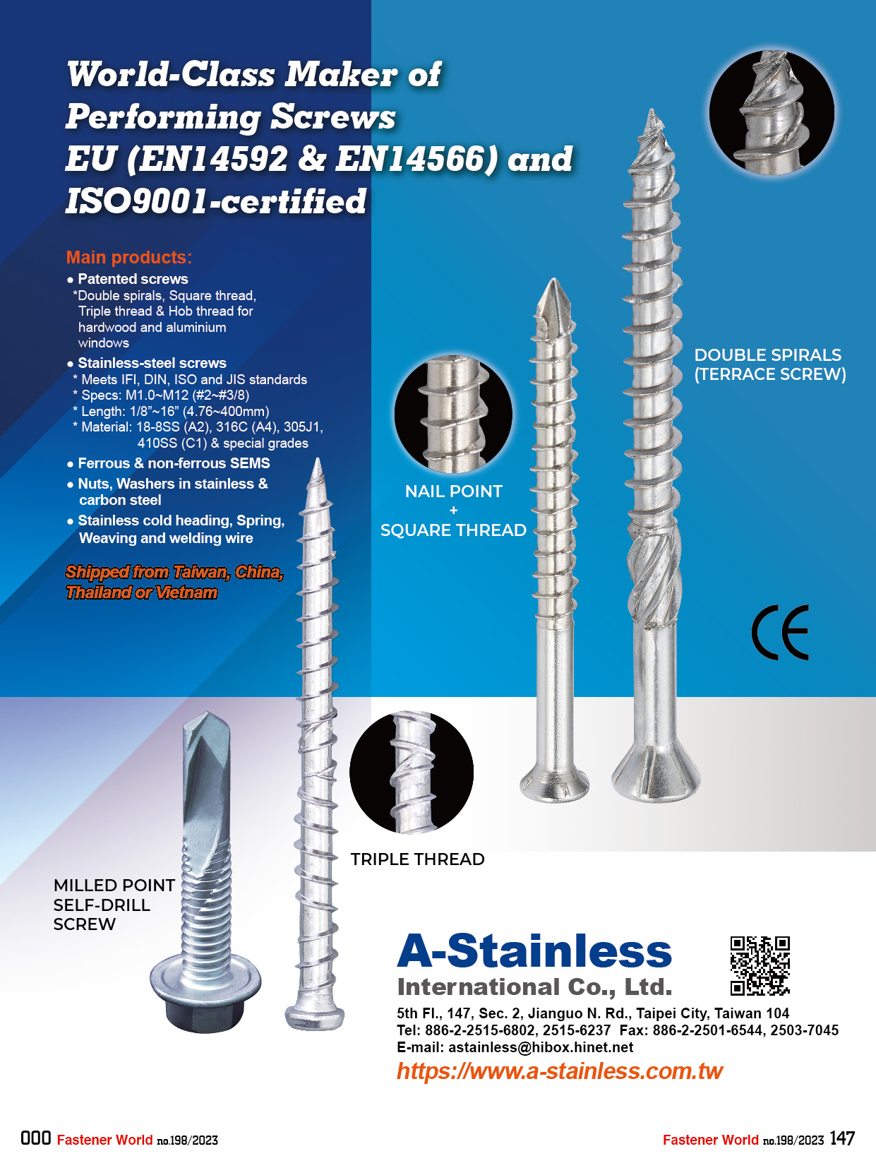 A-STAINLESS INTERNATIONAL CO., LTD. , Performing Screws, EU (EN14592 & EN14566), Patented Screws, Stainless-Steel Screws, Ferrous & non-ferrous Sems, Nuts, Washers in Stainless & Carbon Steel, Stainless Cold Heading, Spring, Weaving and Welding Wire