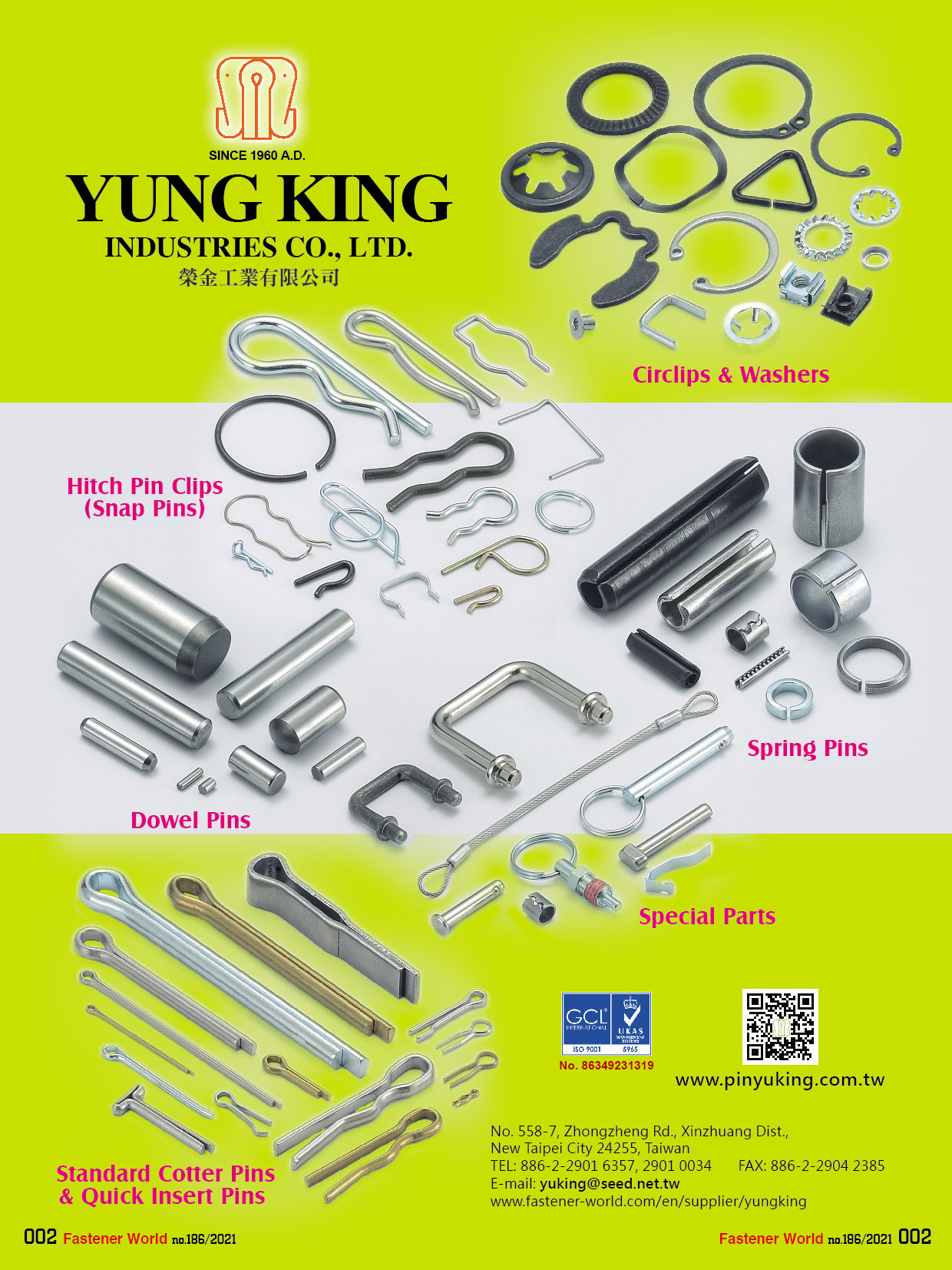 YUNG KING INDUSTRIES CO., LTD.  , Circlips & Washers, Hitch Pin Clips, Snap Pins, Dowel Pins, Spring Pins, Special Parts, Standard Cotter Pins & Quick Insert Pins