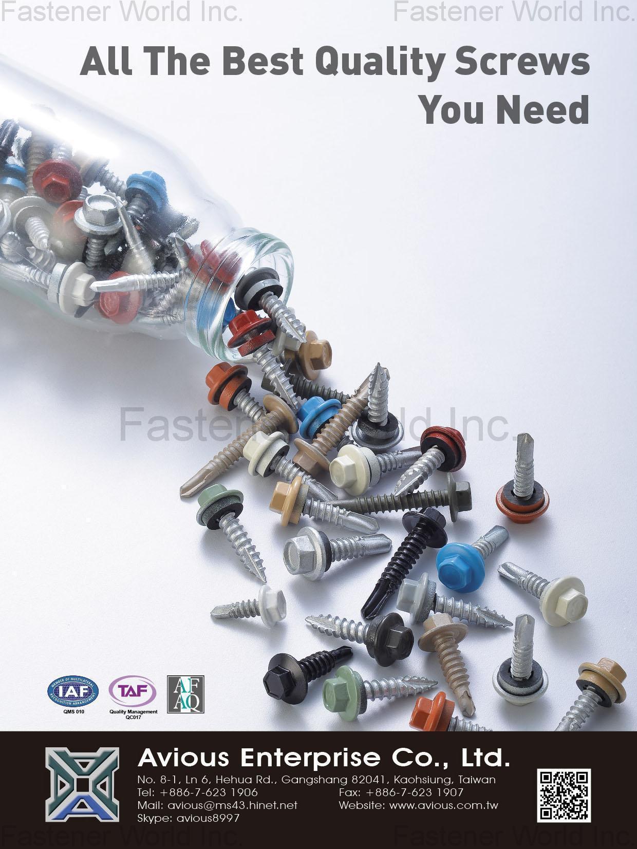 AVIOUS ENTERPRISE CO., LTD. , CONE SEAT BOLT, BALL SEAT BOLT, HEX HEAD CONE SEAT BOLT, TORX DRIVE BOLT, FLANGE 12 POINT BOLT, SOCKET BOLT, STUD, TRUCK BOLT, MACHINE SCREW, SEMS Screw, SELF-TAPPING SCREW, SELF-DRILLING SCREW, THREAD-CUTTING SCREW, SELF-DRILLING SCREW WITH WINGS, Collated Screw, SPECIAL SCREW, NYLON PATCH, HIGH PERFORMANCE, WHEEL NUTS, SPECIAL NUTS, STANDARD NUTS, WASHERS