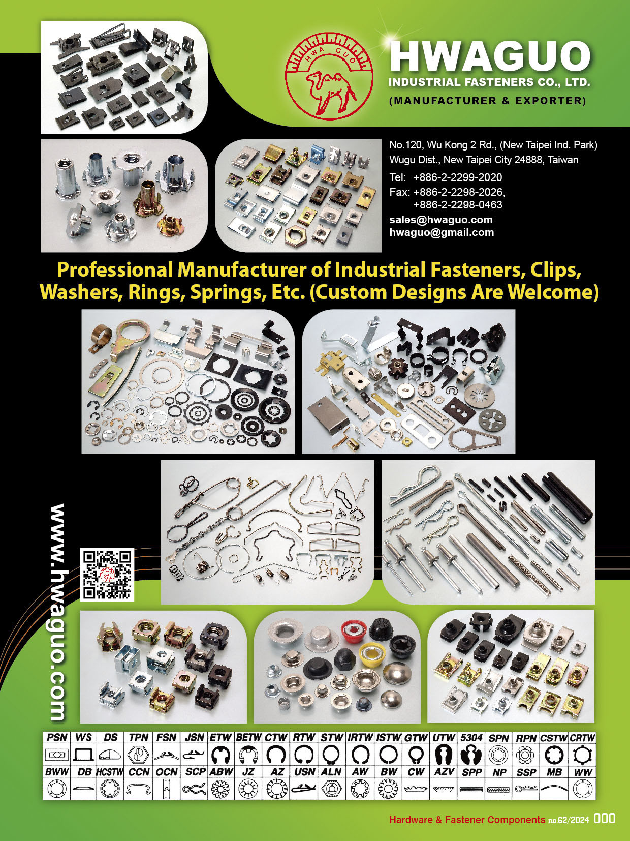 HWAGUO INDUSTRIAL FASTENERS CO., LTD. , U-Nuts,Speed Nuts,U-Clips / V-Clips,Cap Nuts / Hutclips / Push on Caps,Turned Parts,Tee Nuts / T-Nuts,Cage Nuts,Retaining Rings / E-Rings / C-Rings,Washers,Customized Shapes,Rivets / Eyelets,Screws / Bolts,Plastic / Nylon /Rubber / Screw Assembly,Nuts,Springs
