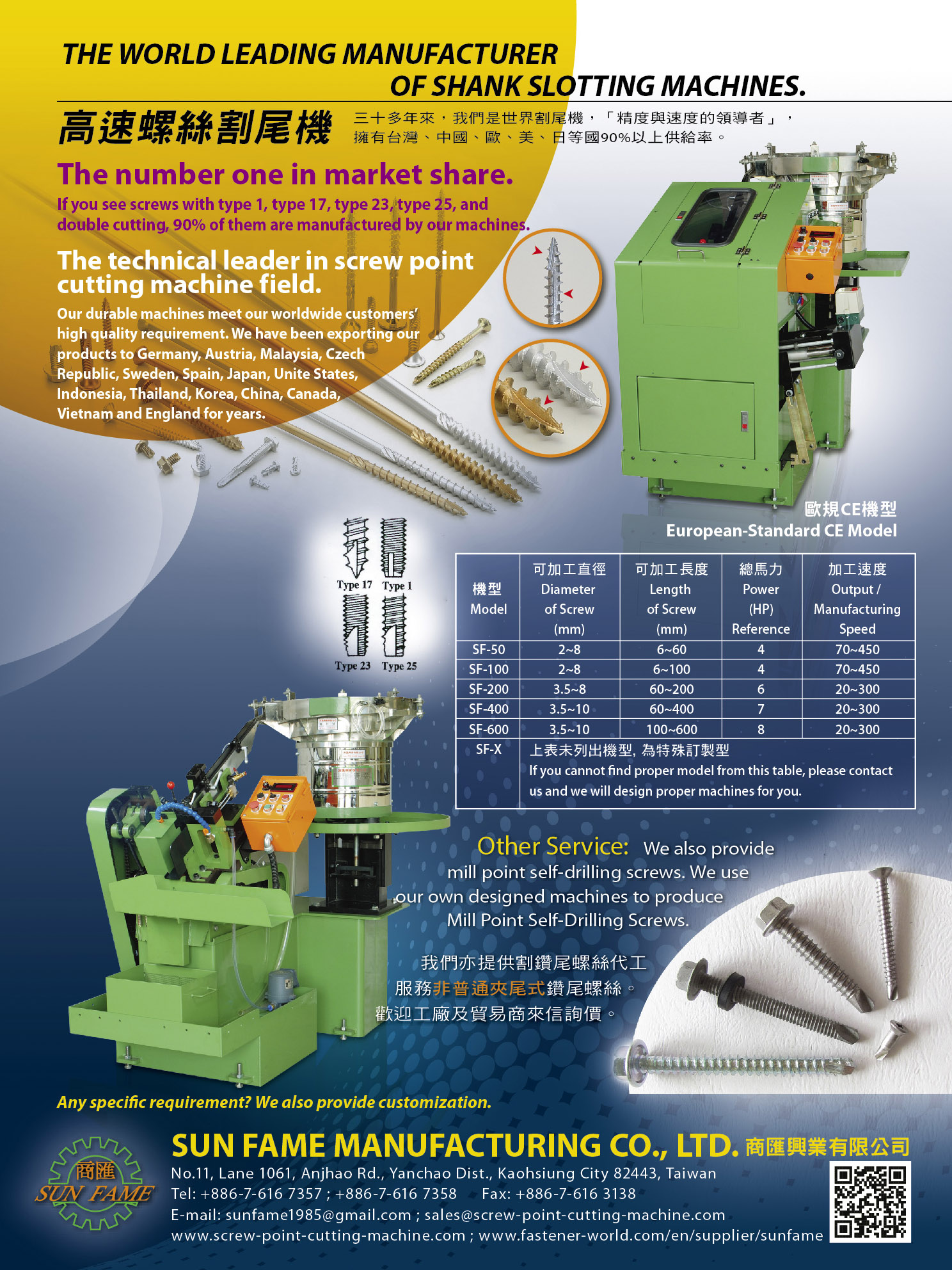 SUN FAME MANUFACTURING CO., LTD. , Screw Cutting Machine, Mill Point Self-Drilling Screw, Automatic Grinding Machine, Semiautomatic Grinding Machine, Round Saw