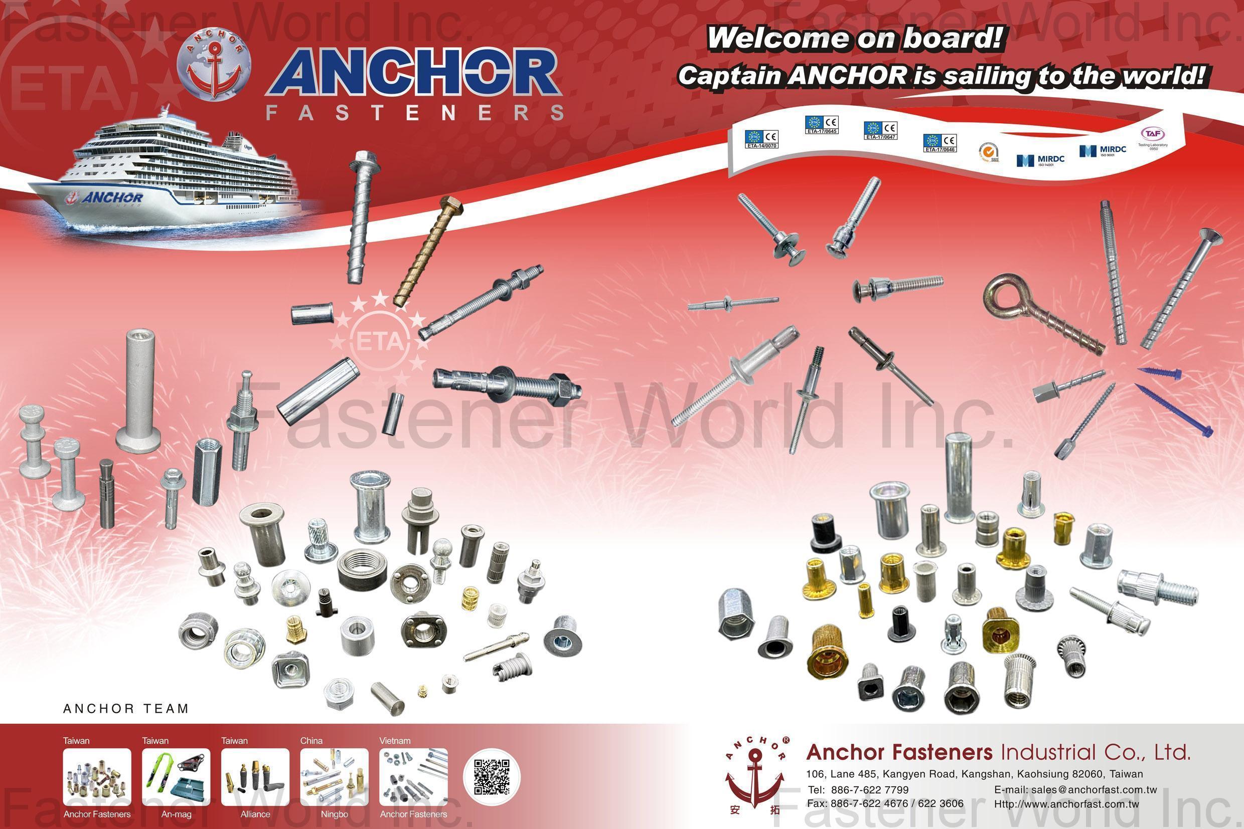 ANCHOR FASTENERS INDUSTRIAL CO., LTD.  , Drop-in Anchors, Expansion Anchors, Wire Anchors, Blind Nuts / Rivet Nuts, Sleeve Anchors, Anchor Bolts, Automotive Parts, Fixing, Anchor Nuts, Power Blind Rivets, Clinching Fasteners, Anchor Thread, Anchor Stud, Jack Nuts, Split Nuts, Rubber Nuts, Wheel Hub Bolts, Ball Studs & Cases
