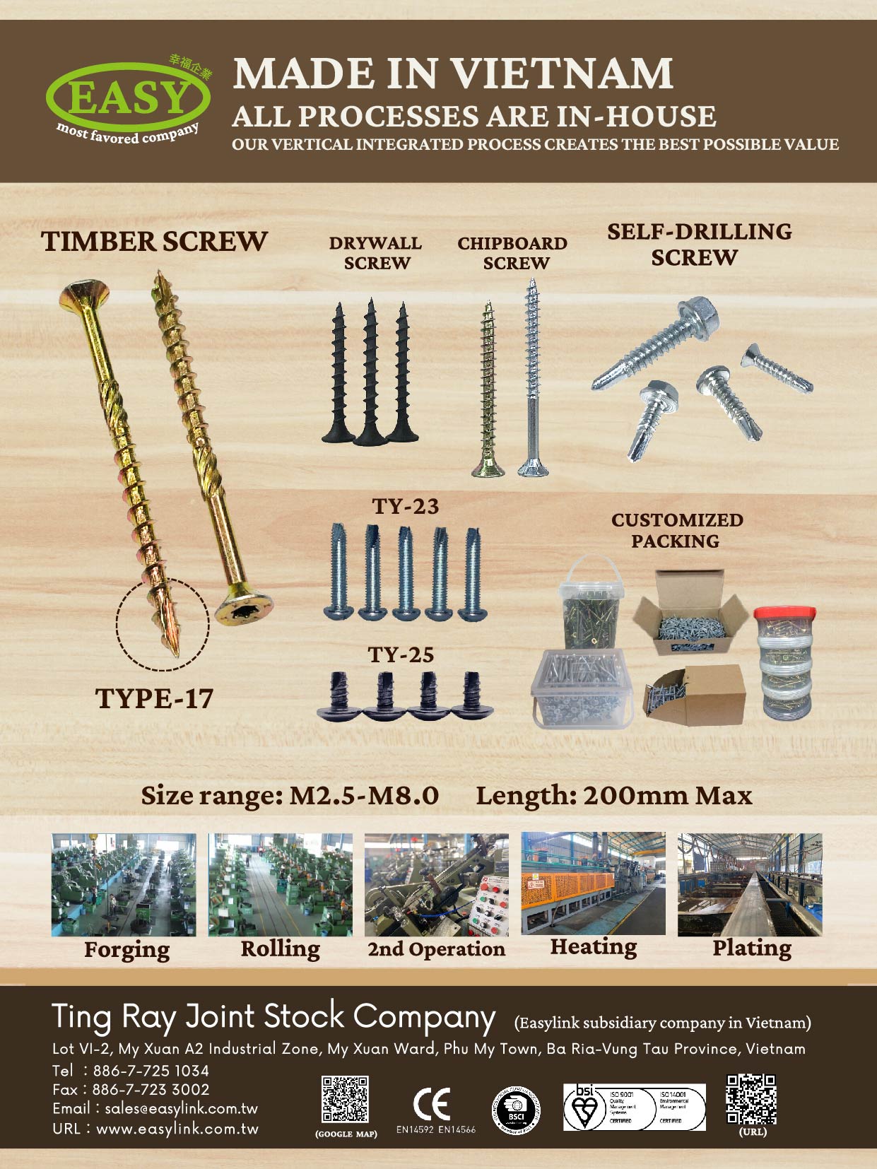 EASYLINK INDUSTRIAL CO., LTD. , Chipboard Screws, Drywall Screws, Customized Packing, Type-17, Timber Screw, Self-Drilling Screw