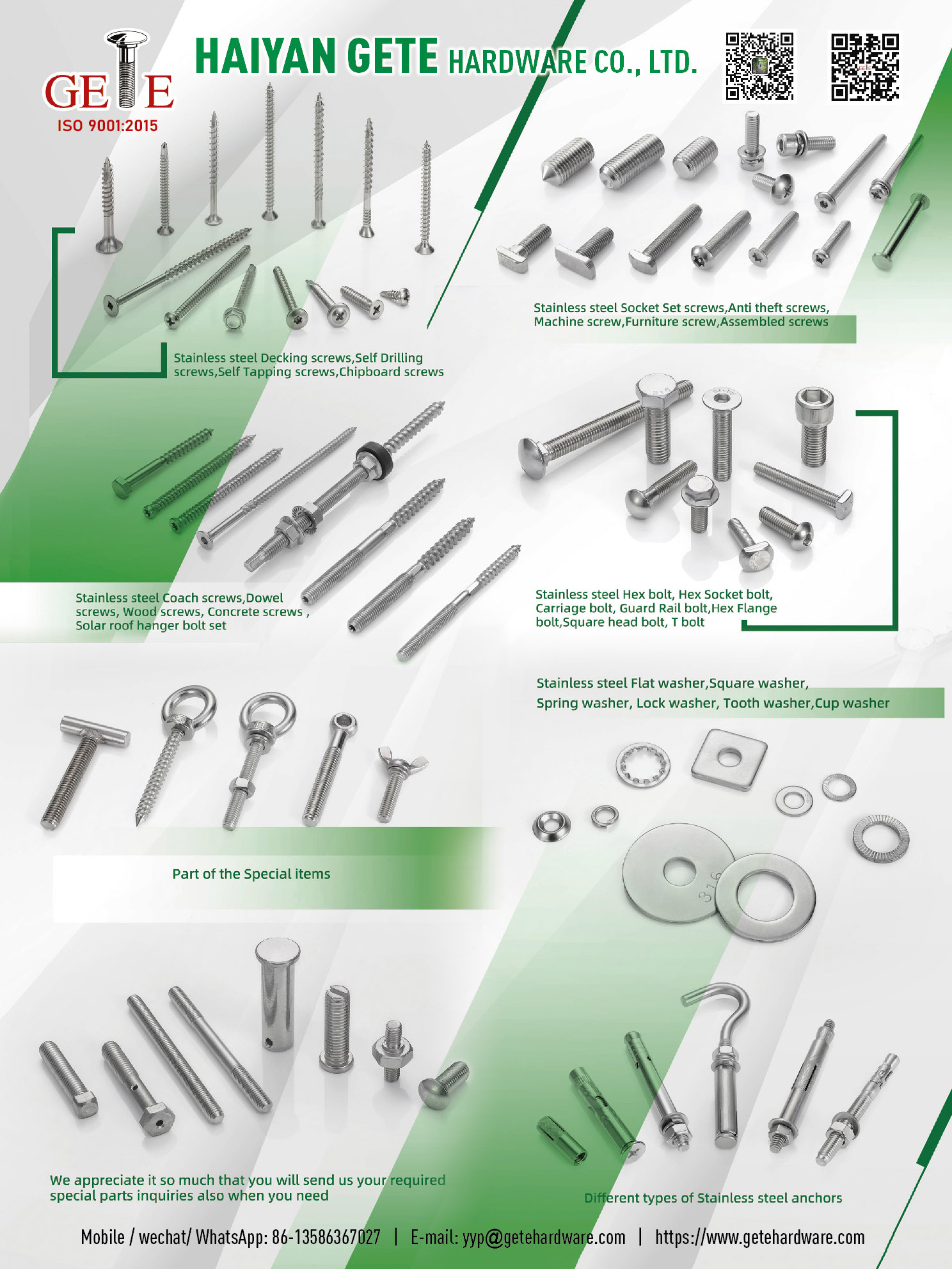Haiyan Gete Hardware Co., Ltd. , Stainless Steel Decking Screws, Self Drilling Screws, Self Tapping Screws, Chipboard Screws, Stainless Steel Coach Screws, Dowel Screws, Wood Screws, Concrete Screws, Solar Roof Hanger Bolt Set, Stainless Steel Socket Set Screws, Anti Theft Screws, Machine Screws, Furniture Screws, Assembled Screws, Stainless Steel Hex Bolts, Hex Bolts, Carriage Bolts, Guard Rail Bolts, Hex Flange Bolts, Square Head Bolts, T Bolts