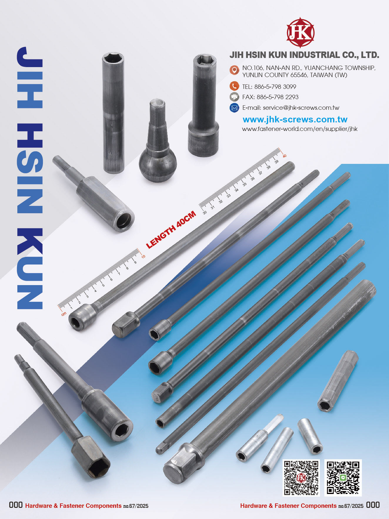 JIH HSIN KUN SCREW CO., LTD. , Large Size Parts, Hand Tool Socket, Auto Parts, Multi-Process Cold Forging, Special Parts, Lock Screws, Pan Head Screws, Cement Drill Head Screws, Screwdriver, Gear Tool, Hand Tool, Mousetrap Parts, Extension Bar, Auto Parts, Anchoring Screws, Bicycle Parts