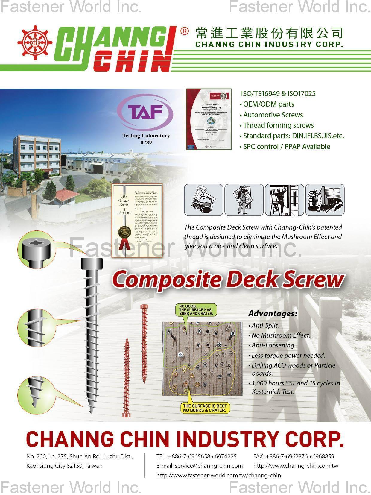 CHANNG CHIN INDUSTRY CORP.  , Composite Deck Screw , Deck Screws