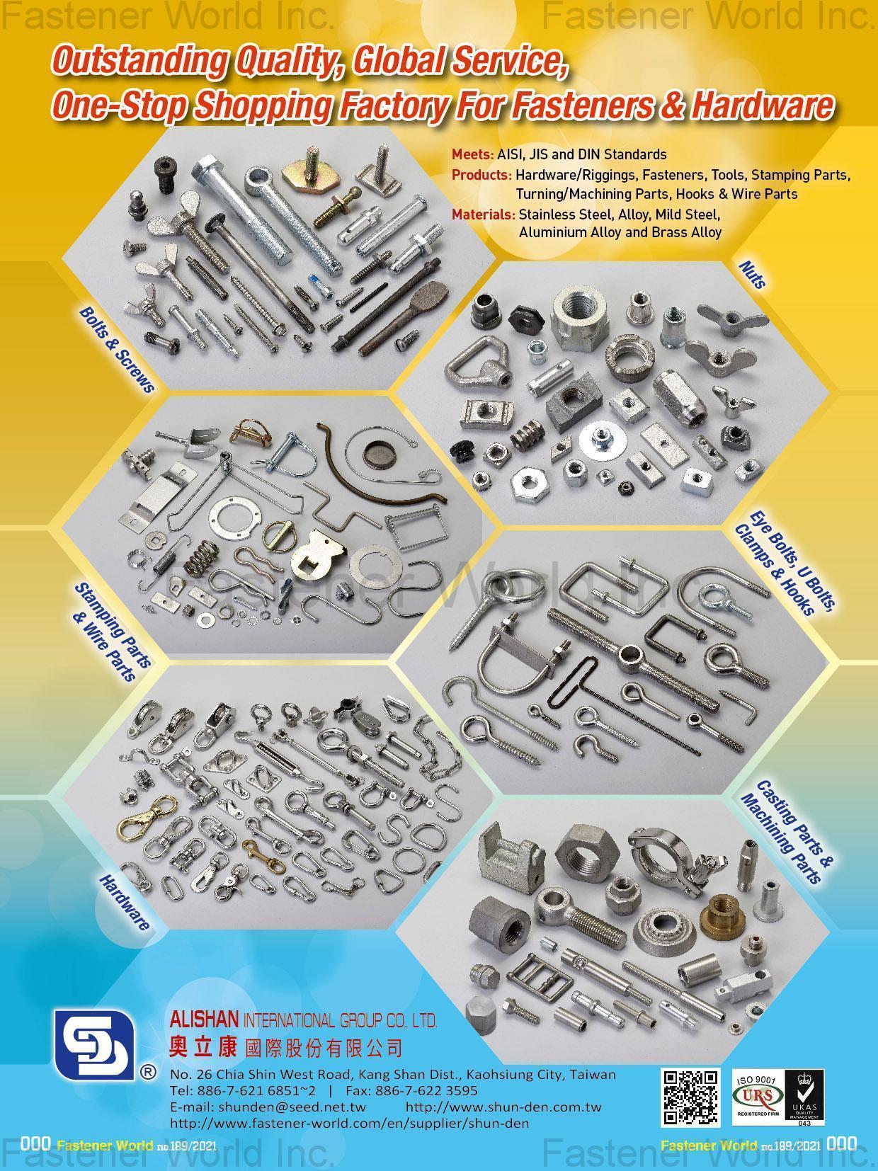 ALISHAN INTERNATIONAL GROUP CO., LTD. , Bolts & Screws, Stamping Parts & Wire Parts, Hardware, Nuts, Eye Bolts, U Bolts, Clamps & Hooks, Casting Parts & Machining Parts