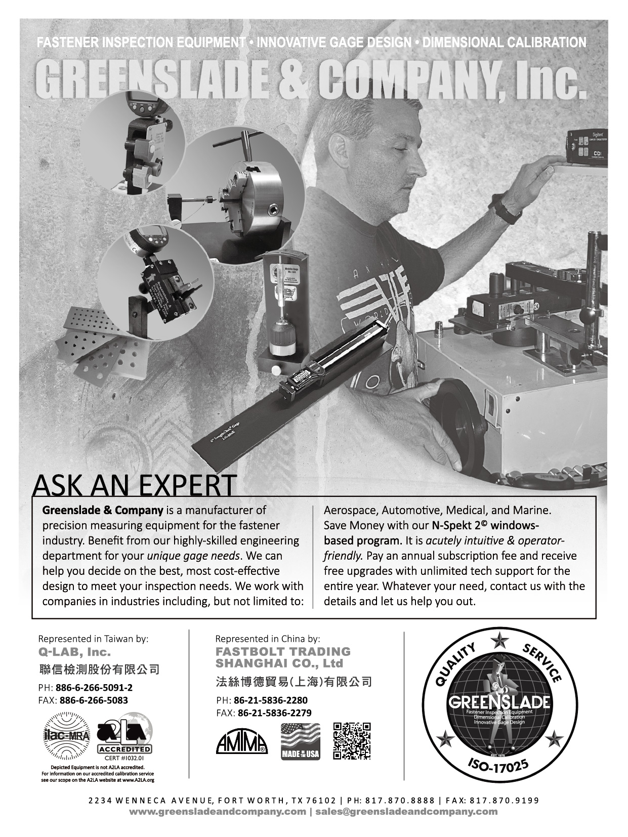 GREENSLADE & COMPANY, INC. , Fastener Inspection Equipment, Innovative Gage Design, Dimensional Calibration