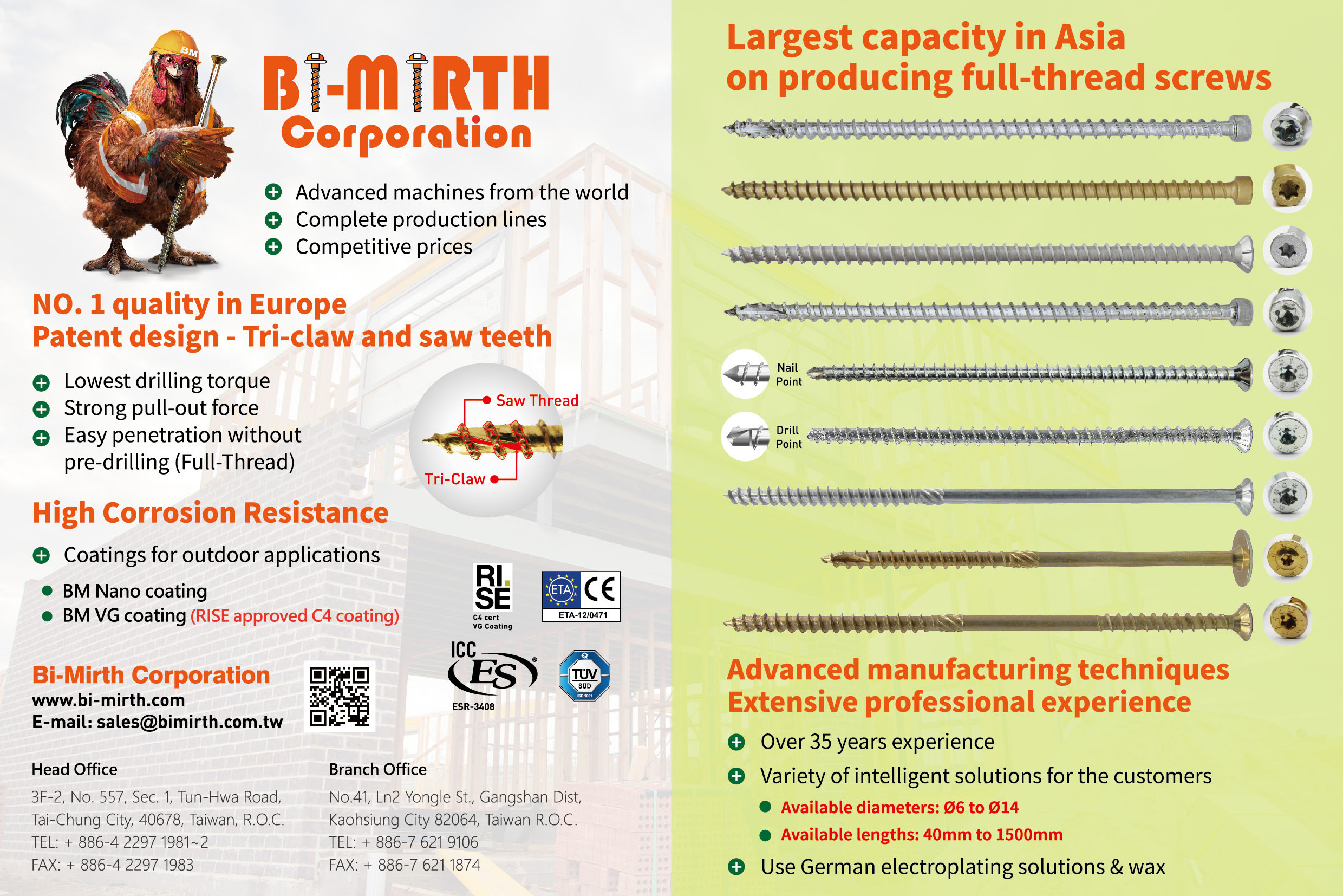 BI-MIRTH CORPORATION , No. 1 quality in Europe Patent design -Tri-claw and saw teeth, High Corrosion Resistance, Full-thread Screws