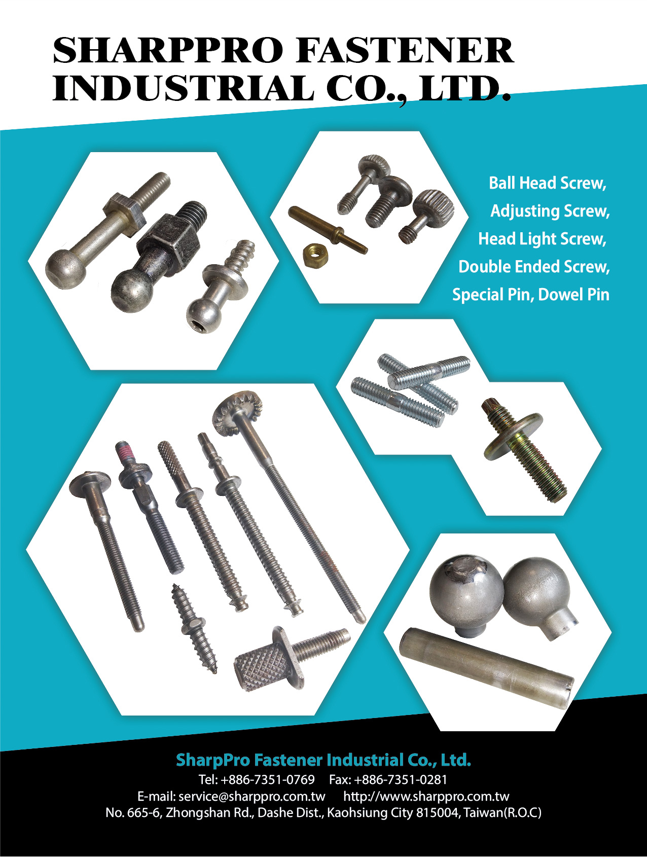 SharpPro Fastener Industrial Co., Ltd. , Ball Head Screw,  Adjusting Screw, Head Light Screw,  Double Ended Screw, Special Pin, Dowel Pin