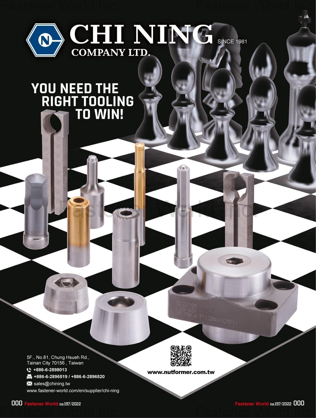 CHI NING CO., LTD. , Nut Tooling, Nut Tap, Nut Former, Nut Tapping Machine, Wire Drawing Machine, Nipple Machine, Spoke Machine, Nuts.
