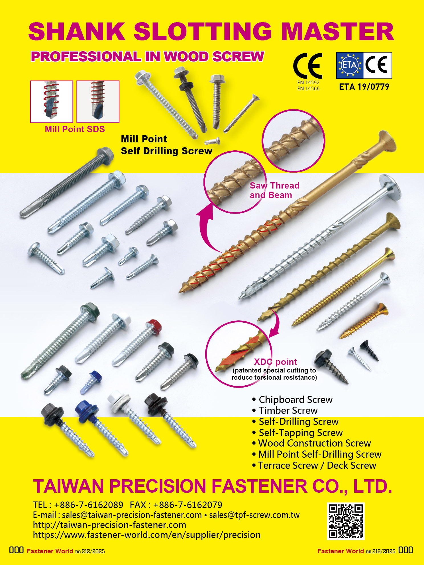 TAIWAN PRECISION FASTENER COMPANY LIMITED , Chipboard Screws, Wood Construction Screws, Mill Point Self-Drilling Screws, Terrace Screws, Deck Screws, Timber Screws, Self-Tapping Screws