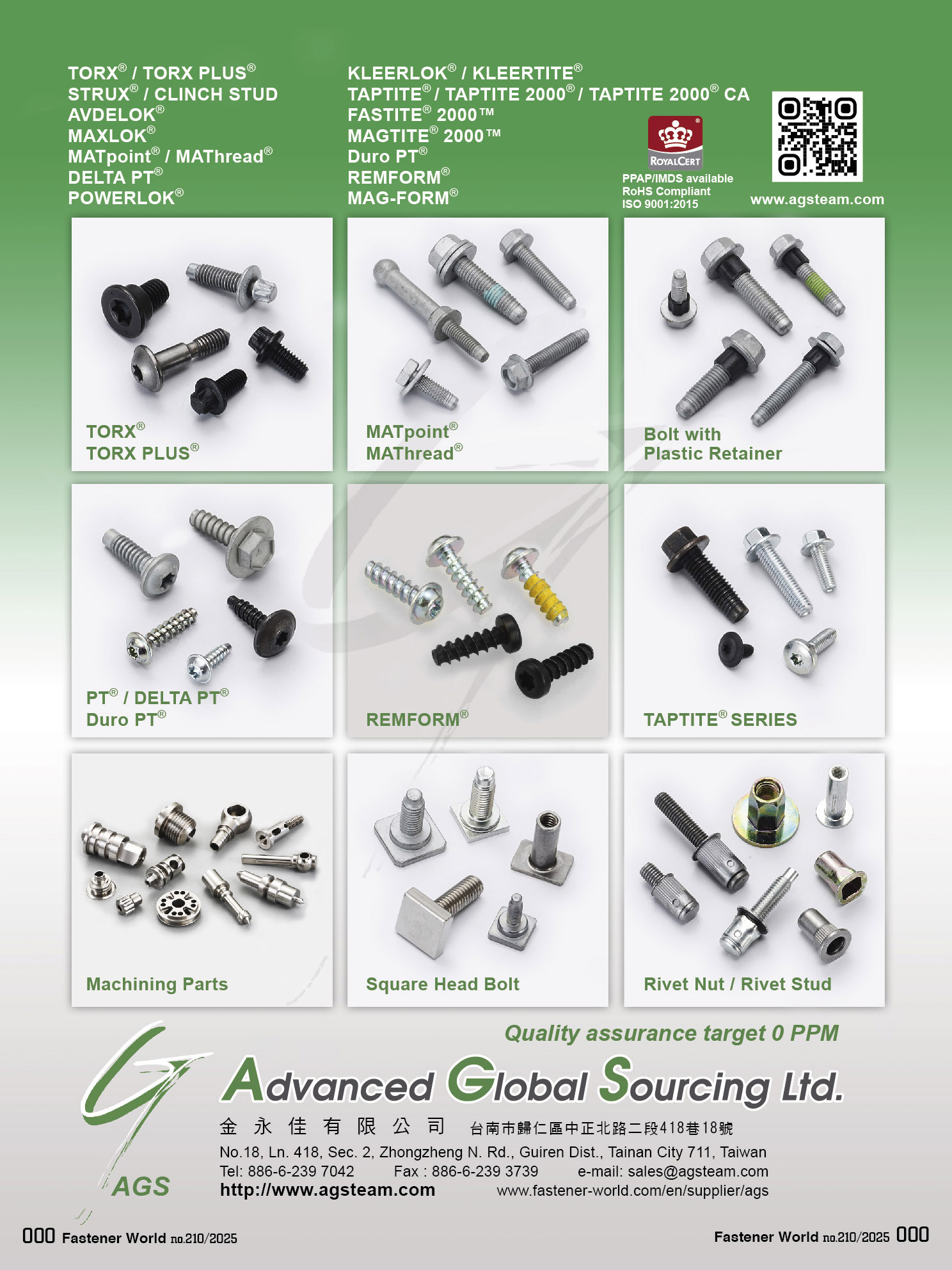 AGS AUTOMATION (ADVANCED GLOBAL SOURCING LTD.) , TORX® / TORX PLUS®, STRUX ® / CLINCH STUD, AVDELOK®, MAXLOK®, MATpoint® / MAThread®, DELTA PT®, POWERLOK®, KLEERLOK® / KLEERTITE®, TAPTITE® / TAPTITE 2000® / TAPTITE 2000® CA, FASTITE® 2000, MAGTITE® 2000, Duro PT®, REMFORM®, MAG-FORM®