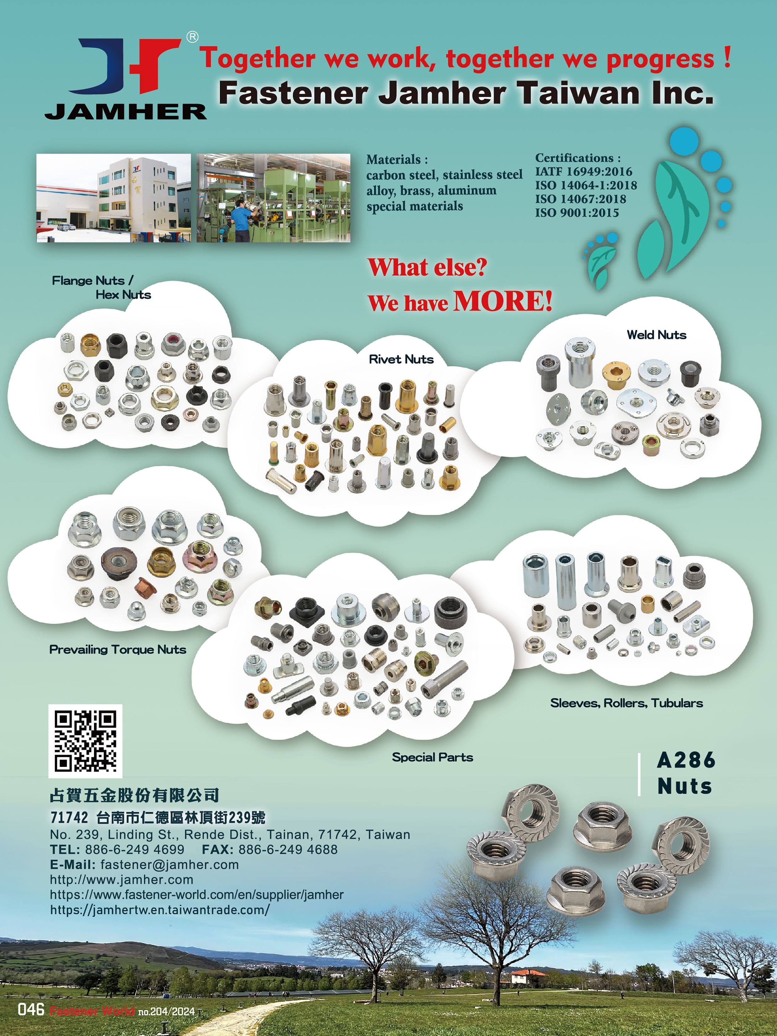 FASTENER JAMHER TAIWAN INC.  , Flange Nuts / Hex Nuts, Rivet Nuts, Weld Nuts, Prevailing Torque Nuts, Special Parts, Sleeve, Rollers, Tubulars