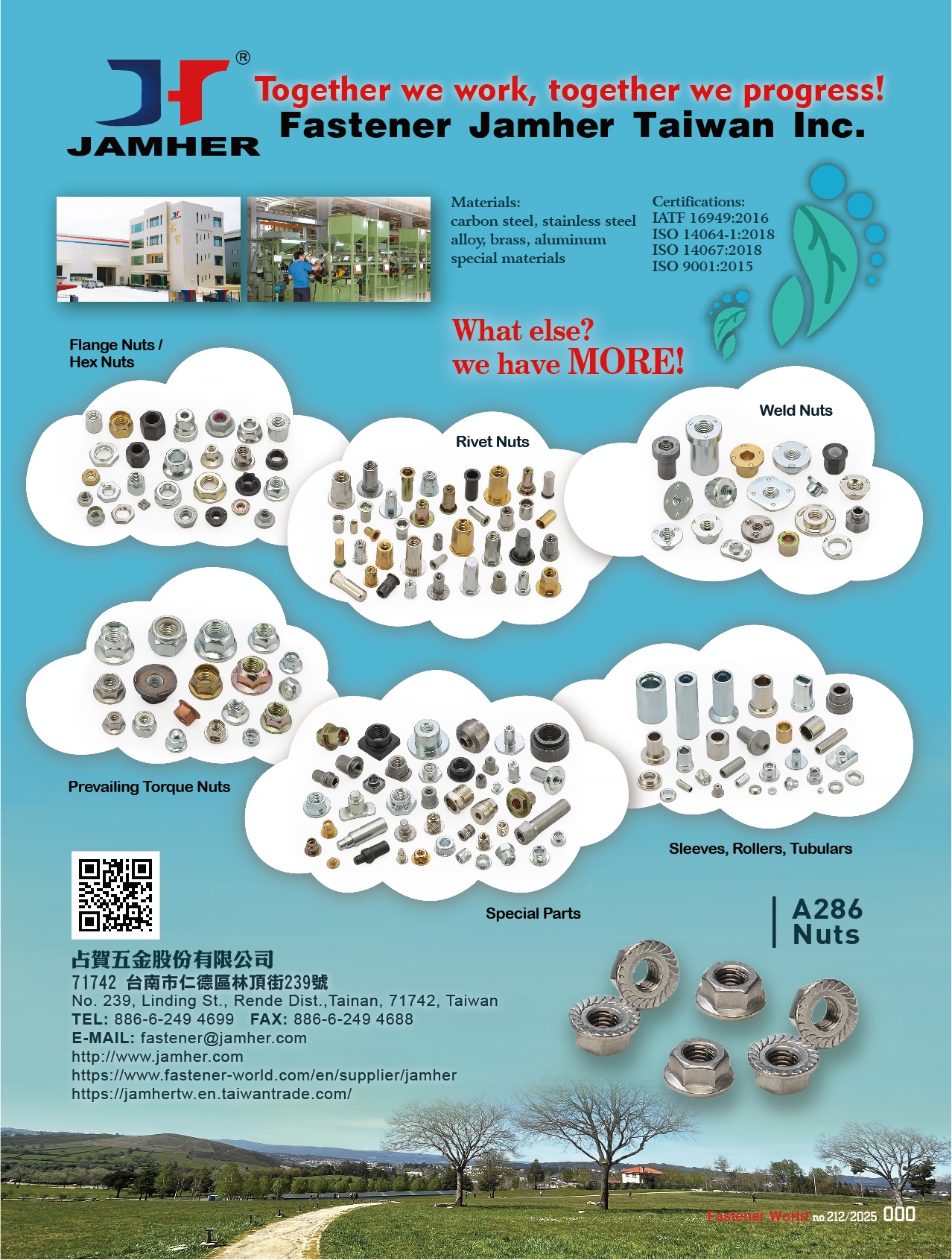 FASTENER JAMHER TAIWAN INC.  , Flange Nuts / Hex Nuts, Rivet Nuts, Weld Nuts, Prevailing Torque Nuts, Special Parts, Sleeve, Rollers, Tubulars