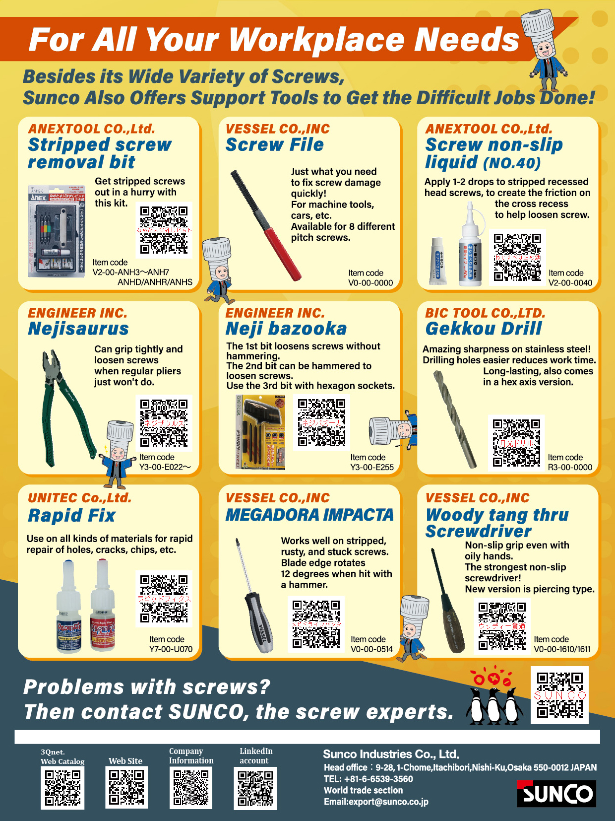 SUNCO INDUSTRIES CO., LTD. JAPAN , Stripped Screw Removal Bit, Screw File, Screw non-slip Liquid, Nejisaurus, Neji Bazooka, Gekkou Drill, Rapid Fix, Megadora Impacta, Woody Tang Thru Screwdriver