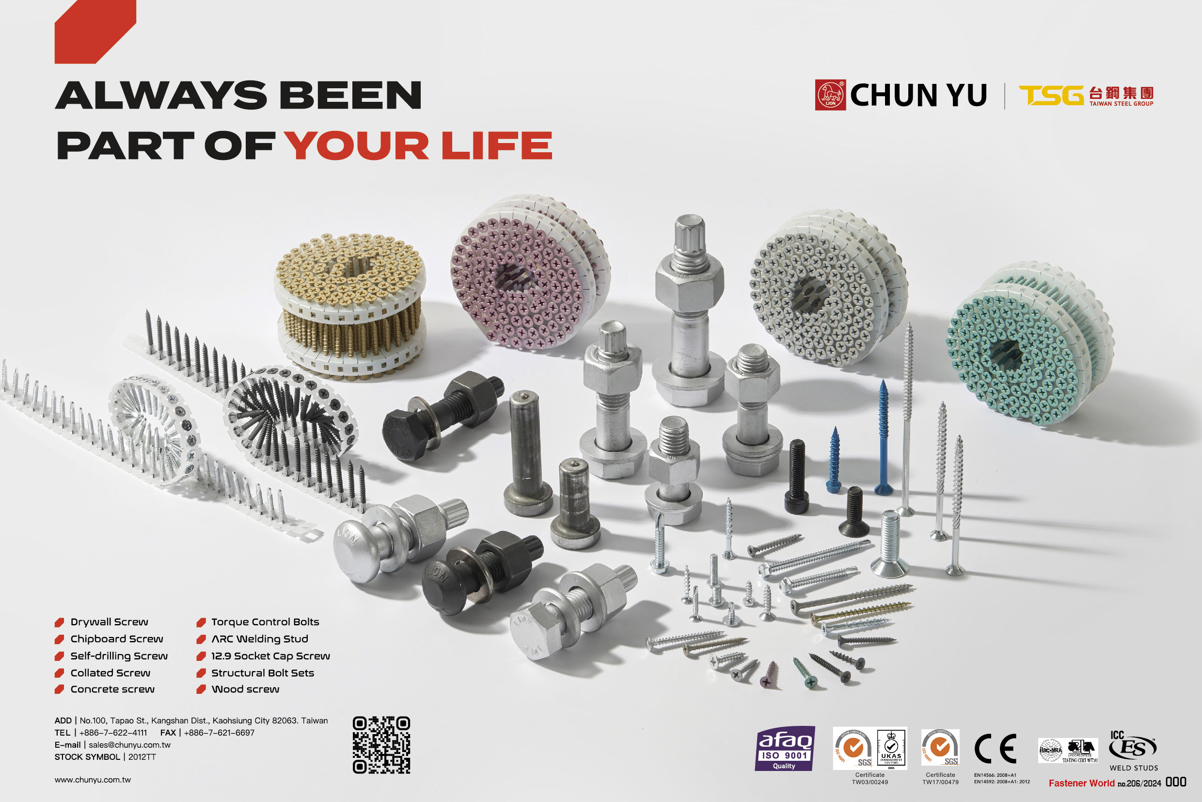 CHUN YU WORKS ＆ CO., LTD.  , Drywall Screws, Chipboard Screws, Self-drilling Screws, Collated Screws, Concrete Screws, Torque Control Bolts, ARC Welding Studs, 12.9 Socket Cap Screws, Structural Bolt Sets, Wood Screws