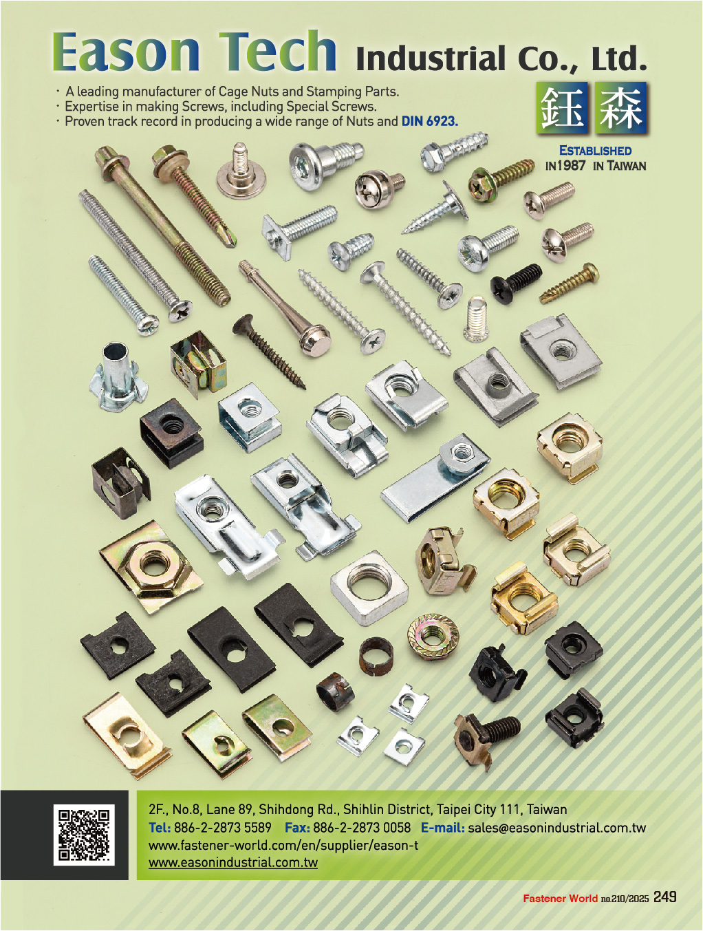 EASON TECH INDUSTRIAL CO., LTD.  , Cage Nuts, Spring Clips, Retaining Rings, Spring Pins (SPP), Clip Nuts, Nuts, Screws, Bolts, Plastic Head Screws, U-Nuts, V-Clips, Nylon Washer