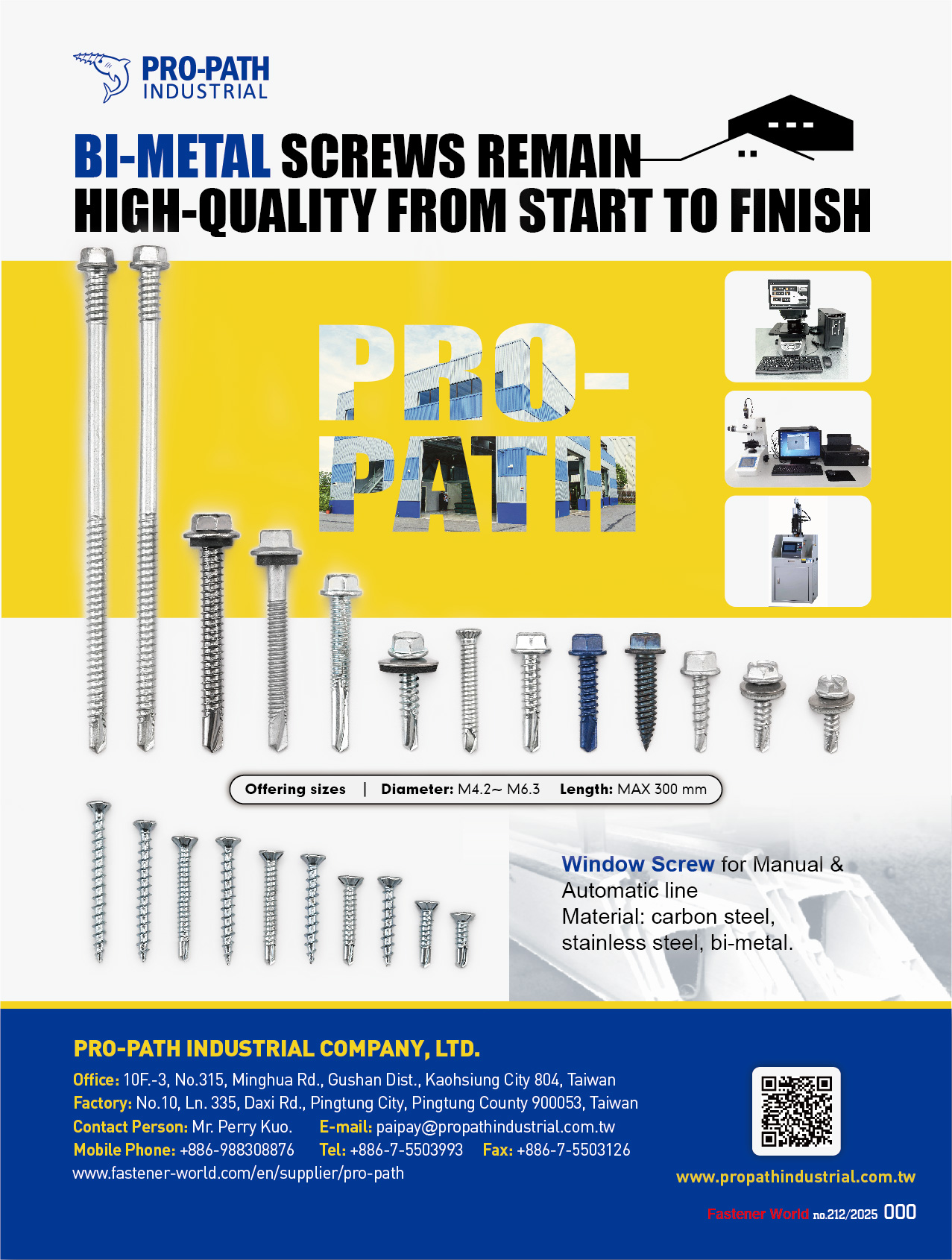 PRO-PATH INDUSTRIAL COMPANY, LTD. (propath) , Window Screw for Manual & Automatic Line