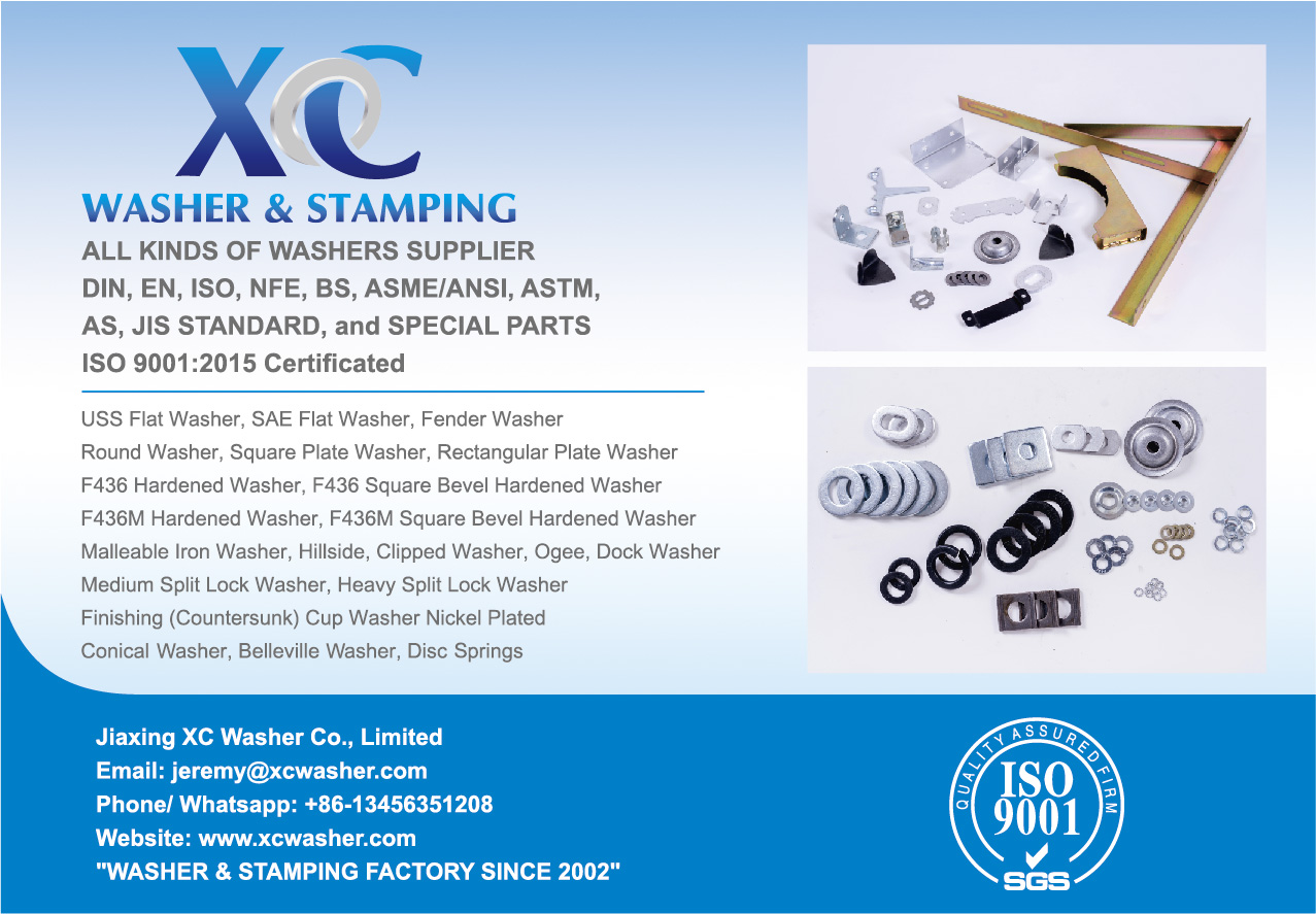 Jiaxing XC Washer Co., Limited , Standard Washers Low Carbon Steel Washers Hardened Washers Stainless Steel Washers standard flat washers, hardened washers and metal stampings. Materials include low carbon steel (mild steel) , medium carbon steel, stainless steel, brass, aluminum, copper alloys and other special stampable materials. Jiaxing XC Washer Co., Limited , Standard Washers Low Carbon Steel Washers Hardened Washers Stainless Steel Washers standard flat washers, hardened washers and metal stampings. Materials include low carbon steel (mild steel) , medium carbon steel, stainless steel, brass, aluminum, copper alloys and other special stampable materials.