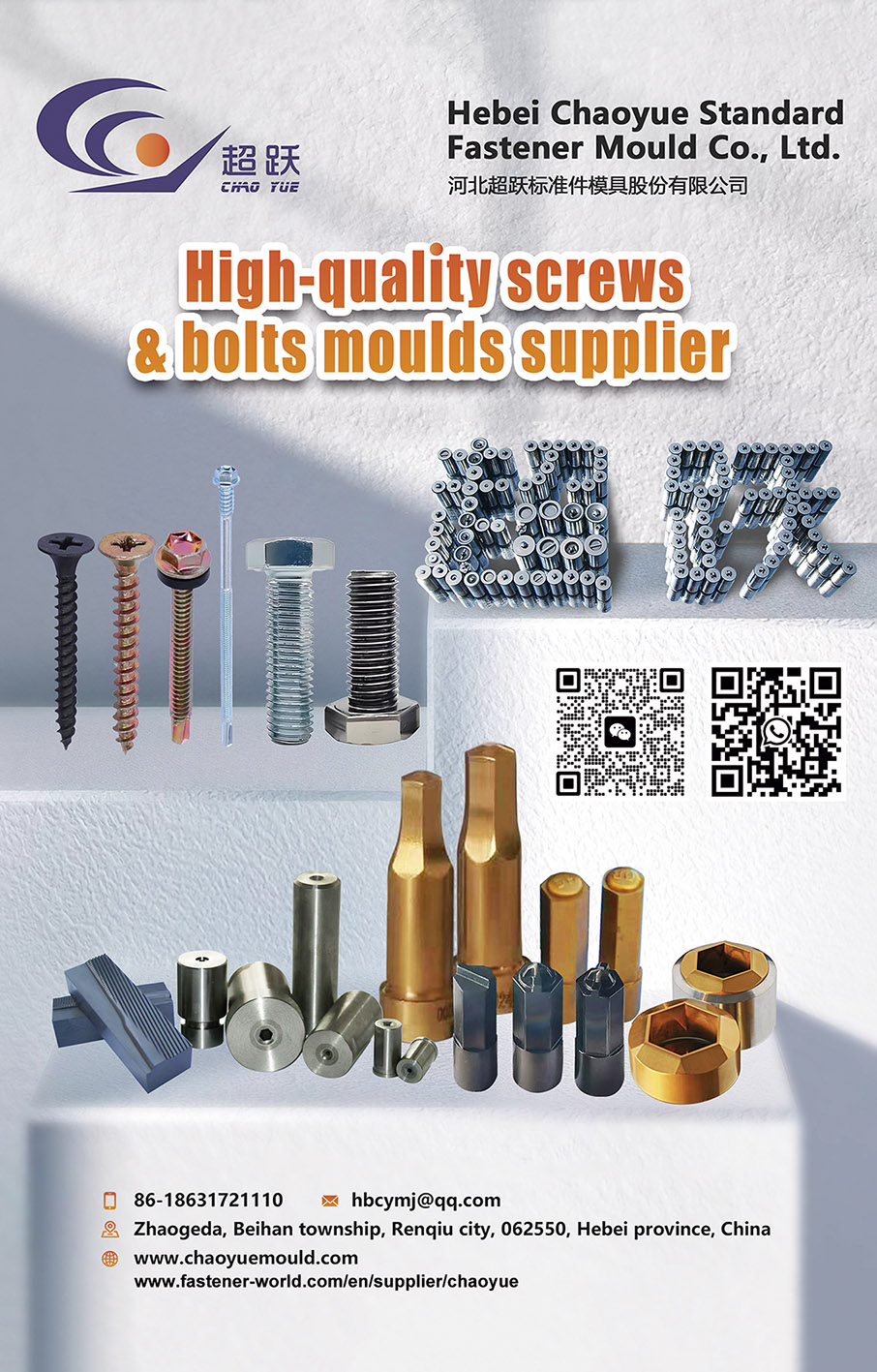 HEBEI CHAOYUE STANDARD FASTENER MOULD CO., LTD. , Second Punch, Carbide Die, Thread Rolling Die, Punch Pin, Knock Out Pin, Trimming Die, Wire Drawing Die, Screw, Wire, Screw Machine
