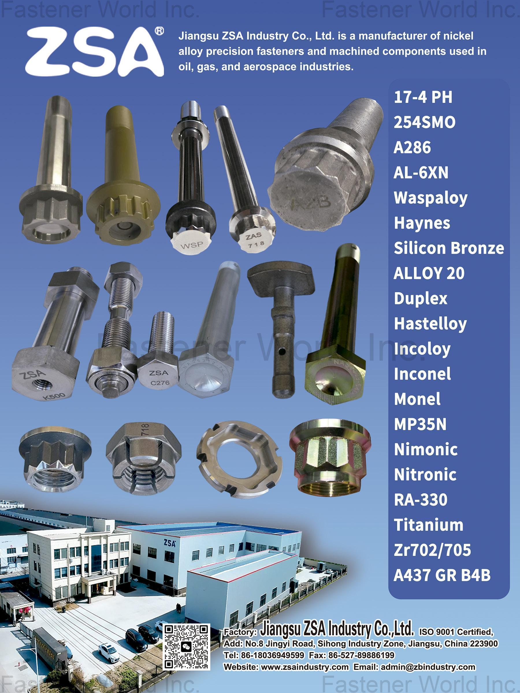 JIANGSU ZSA INDUSTRY CO., LTD , Nickel Alloy Precision Fasteners and Machined Components