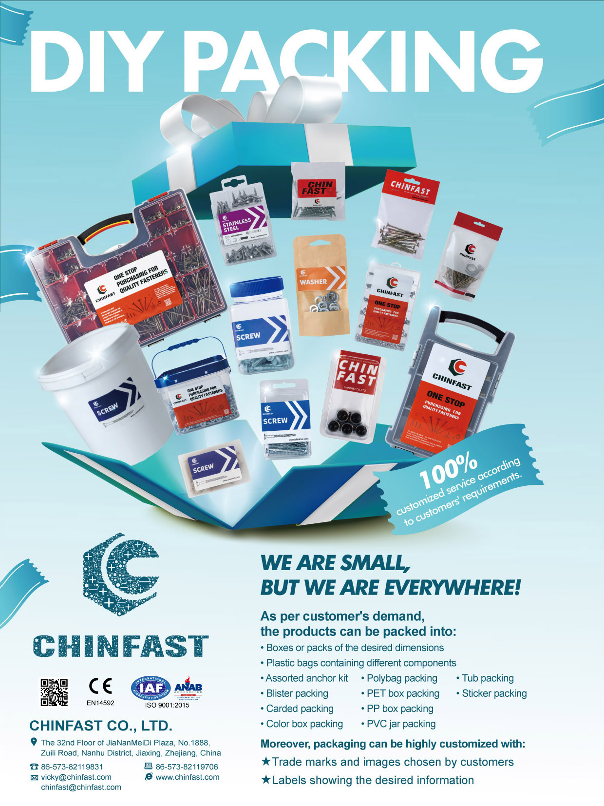 CHINFAST CO., LTD. , Boxes or packs of the desired dimensions, Plastic bags containing different components, Assorted Anchor kit, Bilster packing, Carded packing, Color box packing, Polybag packing, PET box packing, PP box packing, PVC jar packing, Tub packing, Sticker packing CHINFAST CO., LTD. , Boxes or packs of the desired dimensions, Plastic bags containing different components, Assorted Anchor kit, Bilster packing, Carded packing, Color box packing, Polybag packing, PET box packing, PP box packing, PVC jar packing, Tub packing, Sticker packing