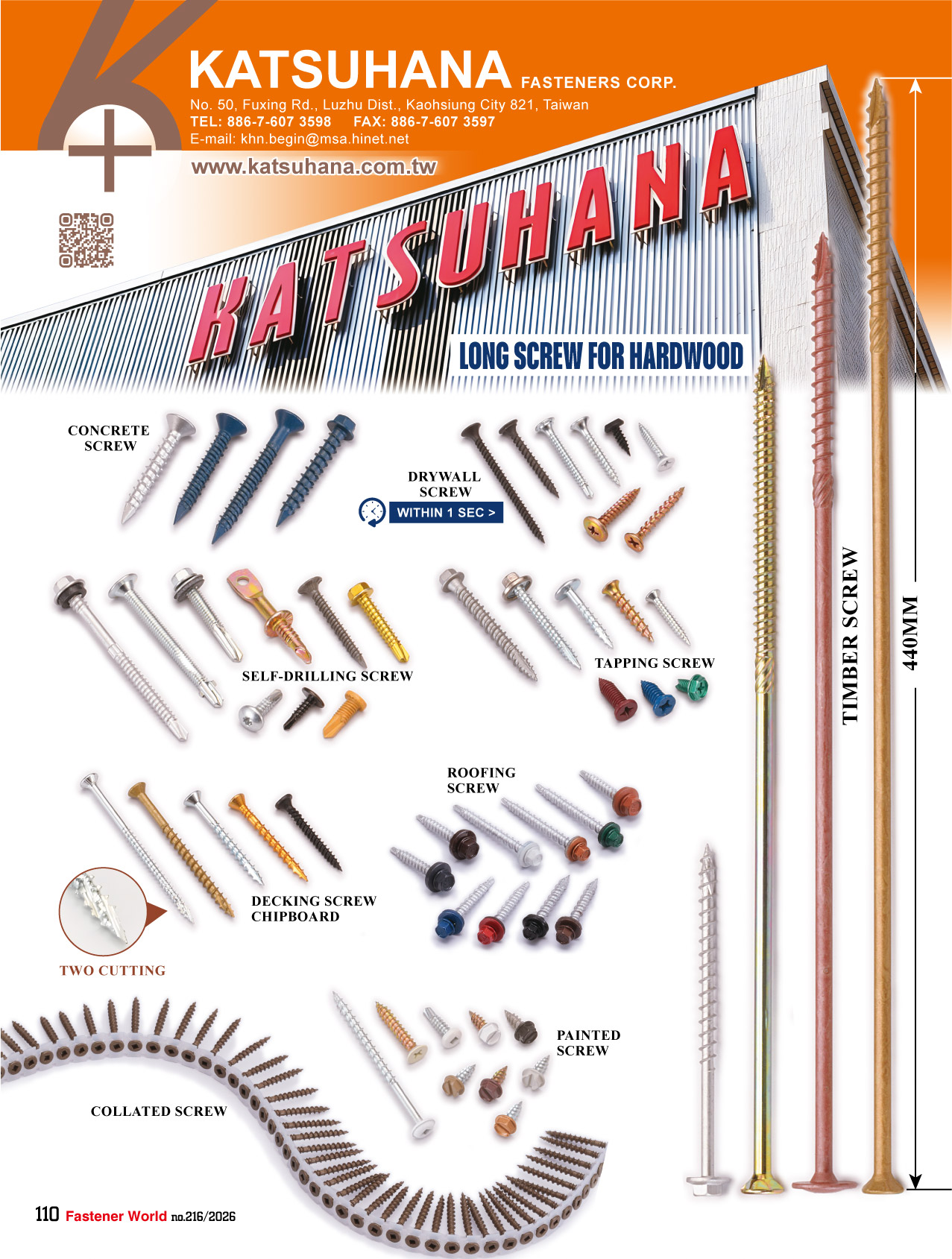 KATSUHANA FASTENERS CORP.  , Concrete Screws, Drywall Screws, Self-Drilling Screws, Tapping Screws, Roofing Screws, Decking Screws, Chipboard Screws
