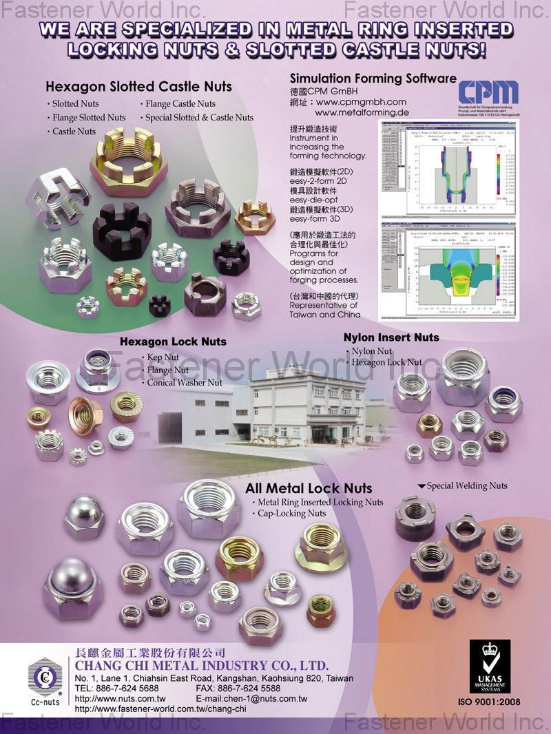 CHANG CHI METAL INDUSTRY CO., LTD.  , Slotted Nuts, Flange Slotted Nuts, Castle Nuts, Flange Castle Nuts, Special Slotted & Castle Nuts, Castle Nuts, Hexagon Lock Nuts, Kep Nuts, Flange Nuts, Conical Washer Nuts, Nylon Insert Nuts, All Metal Lock Nuts, Special Weld Nuts, Clips , All Kinds Of Nuts