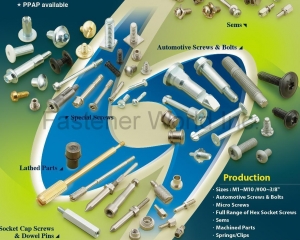 SEMS Screws, Automotive Screws, Automotive Bolts, Special Screws, Lathed Parts, Socket Cap Screws, Dowel Pins, Micro Screws, Full Range of Hex Socket Screws, Machined Parts, Springs, Clips, Special Parts per Customer Drawing, Special Assembly Parts, Thermal Spring Screws, Plungers, Pogo Pins, Captive Panel Screws, Thumb Screws(SCREWTECH INDUSTRY CO., LTD. )