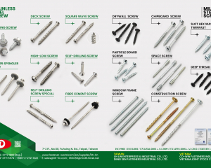 Stainless Steel Screws: Chipboard Screws, DIN 7995 Spengler Screws, Deck Screws, High-Low Screws, Self-Drilling Screws Special, Square Wave Screws, Self-drilling Screws, Fibre Cement Screw Mild Steel Screws: Drywall Screws, Particle Board Screws, Window Frame Screws, Chipboard Screws, Space Screws, Construction Screws, Slot Hex Washer Twinfast, Deep Thread Screws(DIING SEN FASTENERS INDUSTRIAL CO., LTD. (LIH LIN))